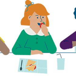 Ggraphic of three characters eating school meal