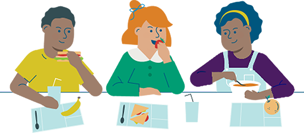 Ggraphic of three characters eating school meal