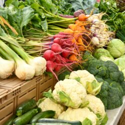 Vegetables like garlic, cauliflower, beets, and cabbage from a farm